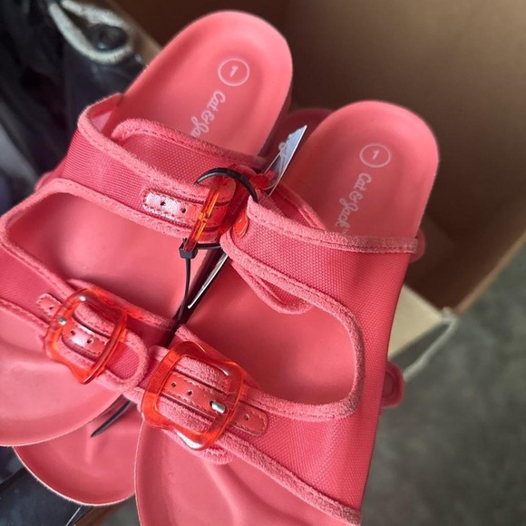 Shoes - Cat & Jack Girls Coral Red EVA Double Strap Slide Sandals Size 1
